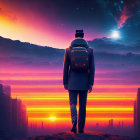 Man with Backpack Walking Towards Sunset Horizon in City Silhouettes and Starry Sky