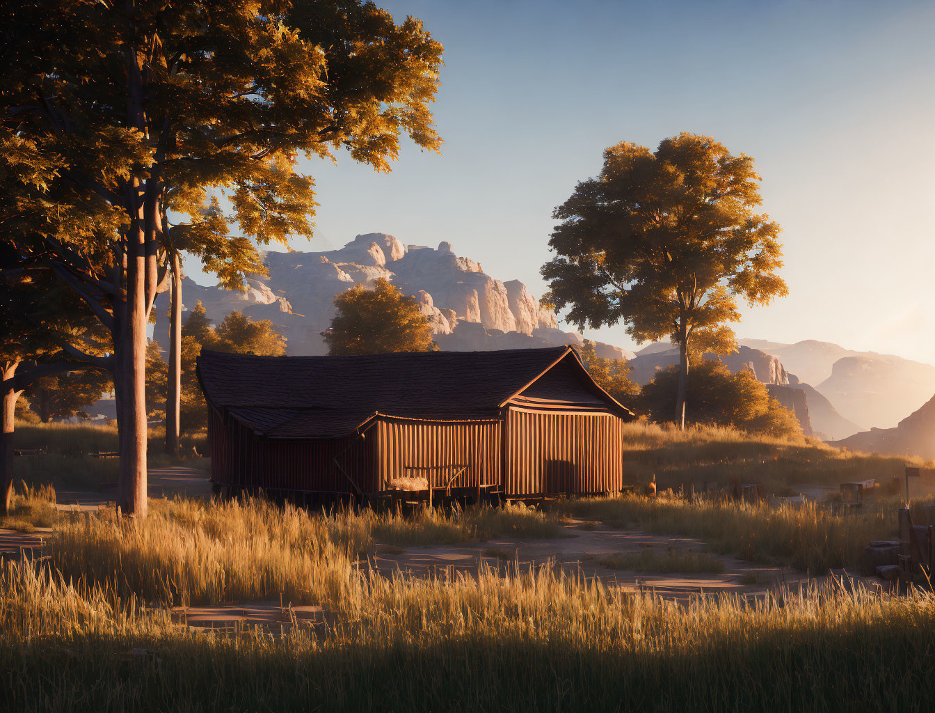 Scenic sunrise view of rustic cabin with mountain backdrop