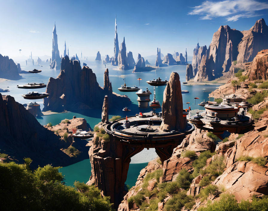 Futuristic cityscape with towering spires and floating structures among rugged cliffs and serene waters