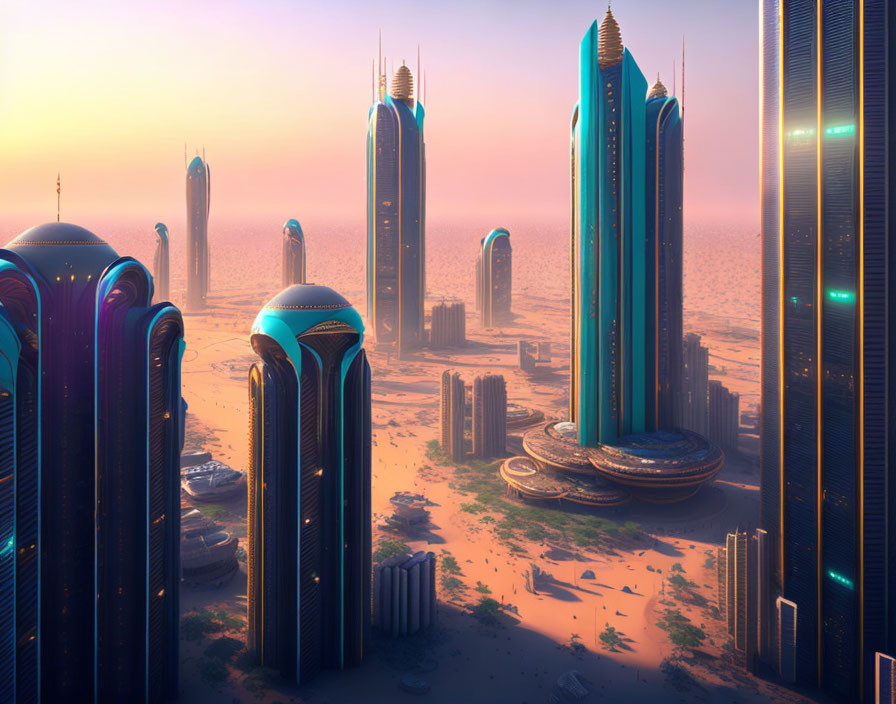 Futuristic cityscape at sunset with skyscrapers and desert landscape