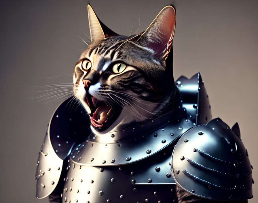 Cat in shiny knight armor roaring on neutral background