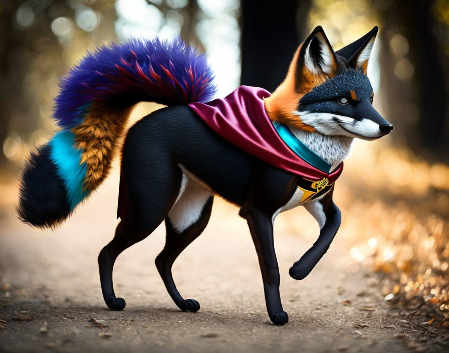 Anthropomorphic fox in colorful outfit strolling in forest scene