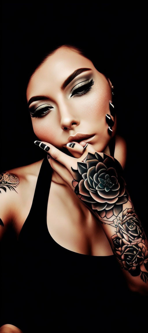 Portrait of a person with intricate eye makeup and arm tattoos on dark backdrop