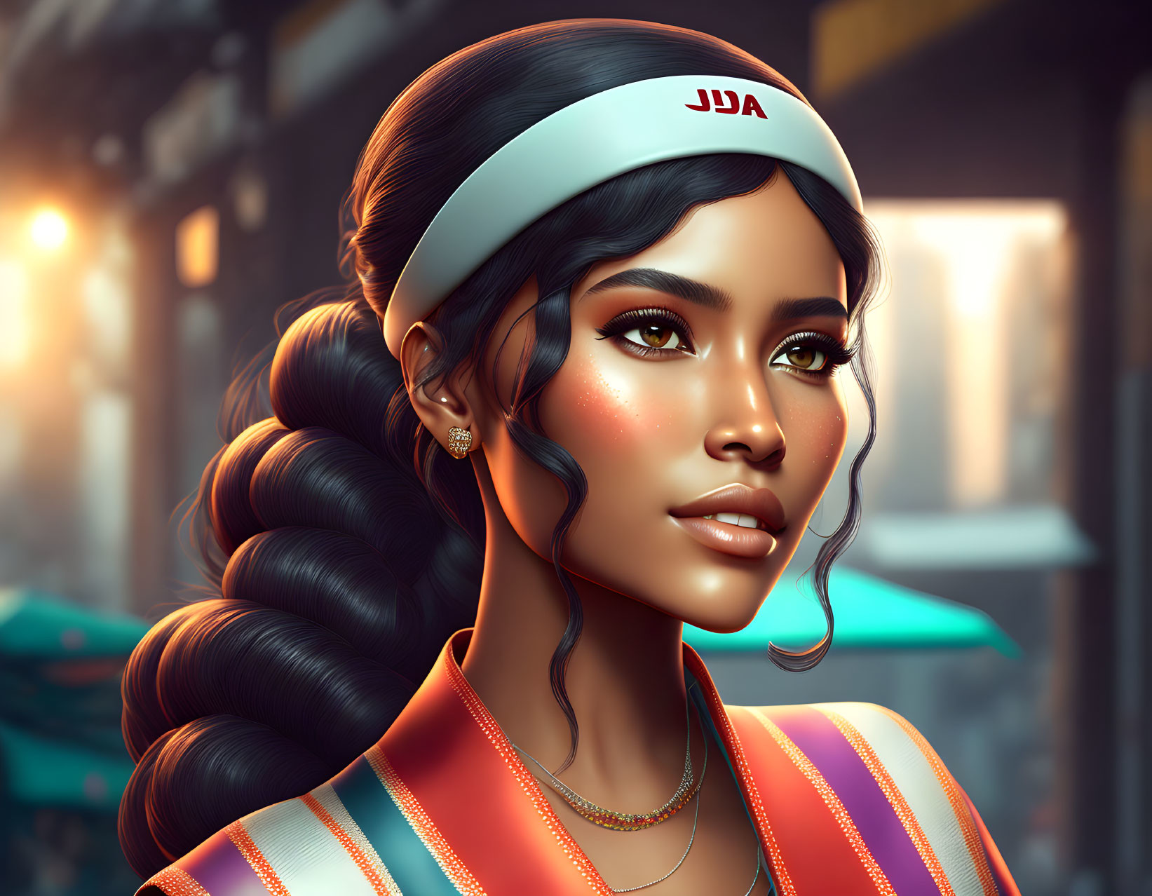 Digital portrait of woman with headband and glowing skin in urban sunset scene