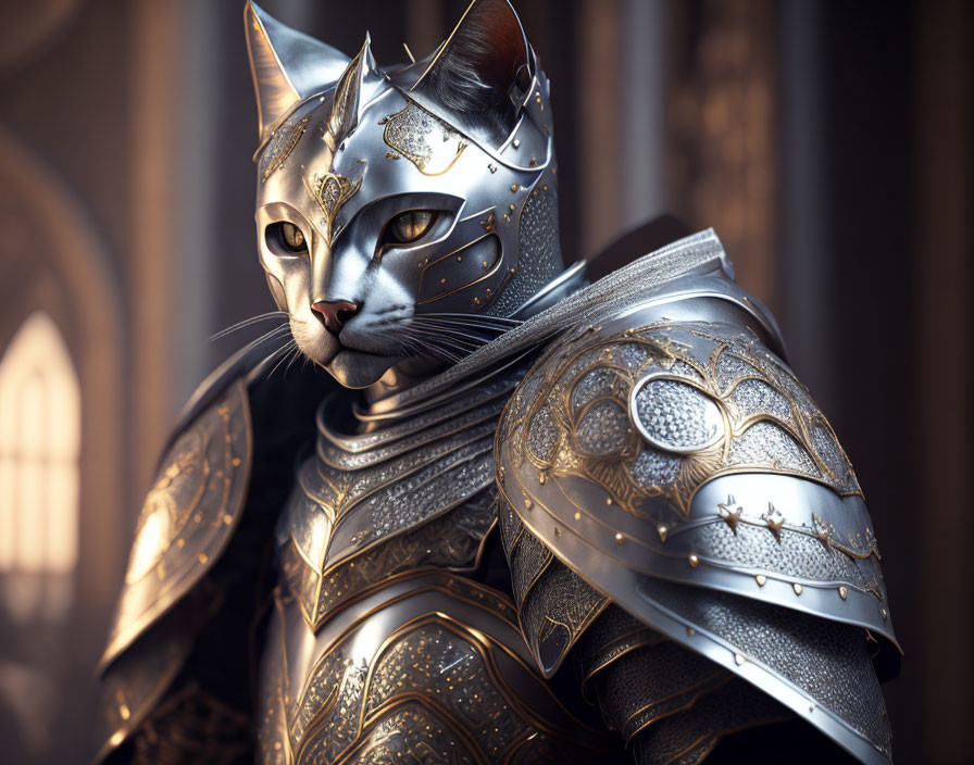 Anthropomorphic cat in ornate medieval armor exudes nobility and strength