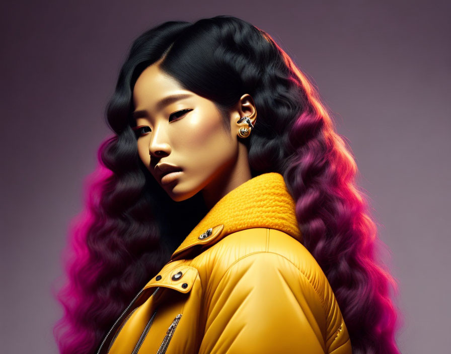 Woman with wavy black to purple hair in yellow leather jacket on purple backdrop