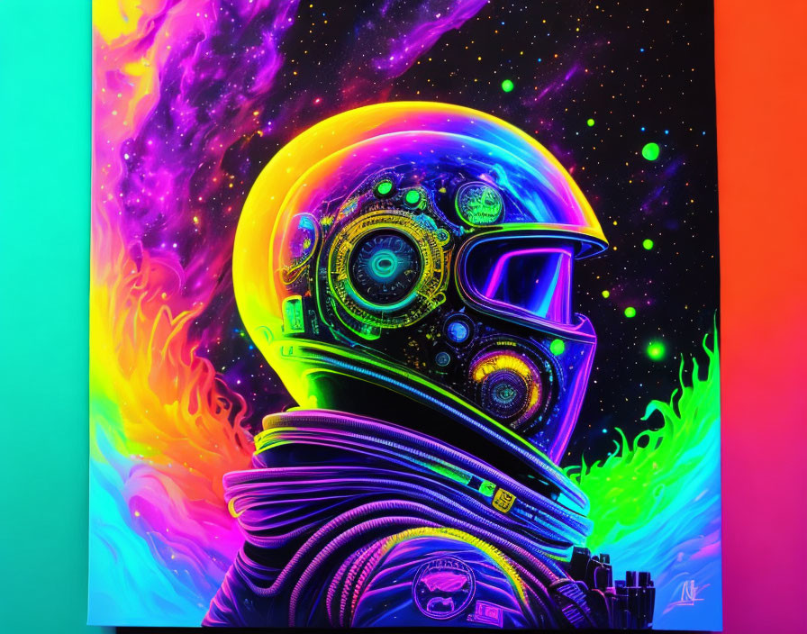 Colorful Astronaut Helmet with Cosmic Imagery on Neon Space Background