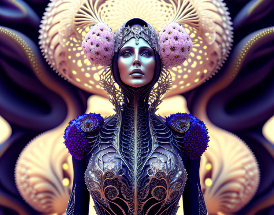 Surreal humanoid figure with futuristic headdress and metallic armor