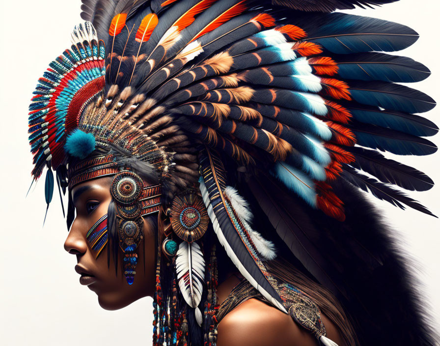 Detailed Native American headdress with vibrant feathers and intricate beadwork