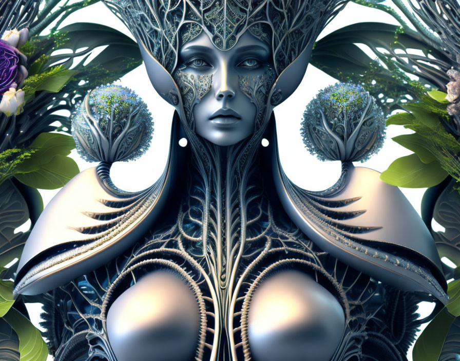 Futuristic female figure with metallic tree-like designs in lush greenery