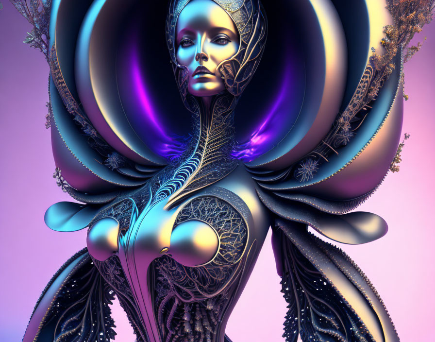 Futuristic female figure with metallic detailing on purple background