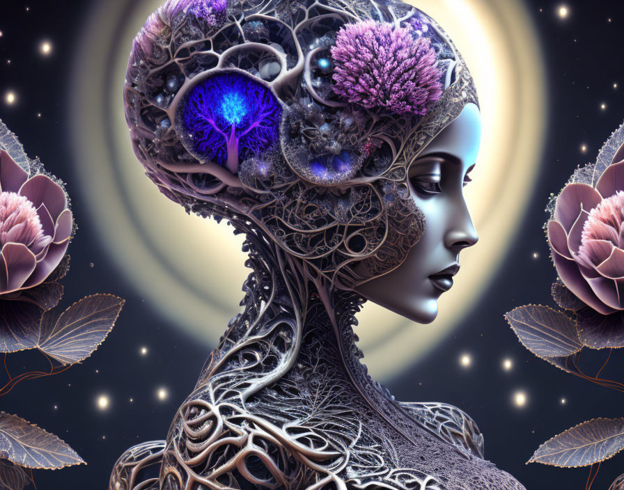 Digital artwork of serene female figure with exposed brain, adorned with floral and fractal elements, against star