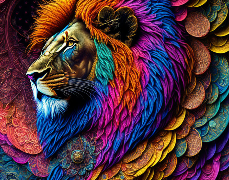 Colorful Lion Illustration with Flowing Mane and Intricate Patterns