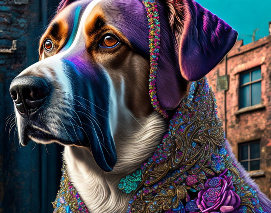 Elaborately patterned dog in purple garment against urban backdrop