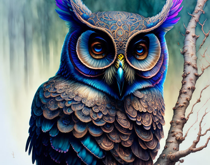 Colorful Stylized Owl Illustration Perched on Branch