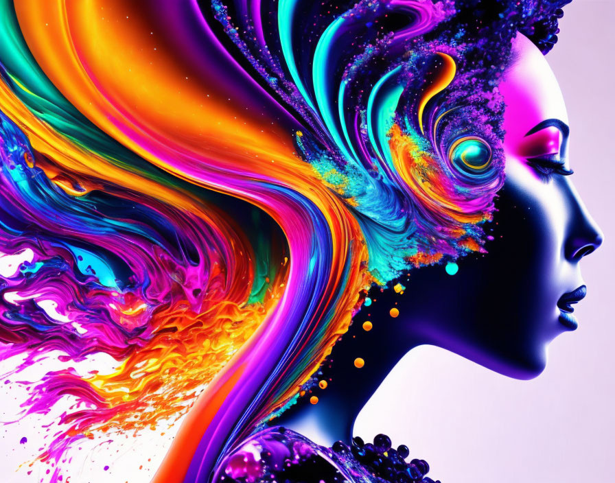 Colorful digital artwork: Woman's profile blending into vibrant abstract swirls.