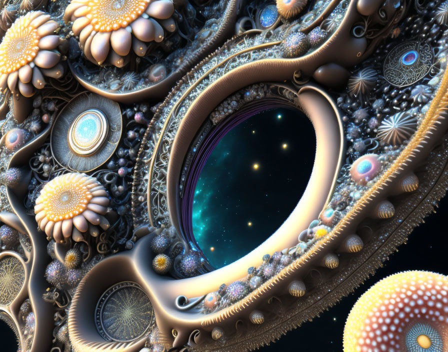 Intricate Fractal Design: Floral Patterns, Organic Shapes, Geometric Elements, Cosmic Backdrop