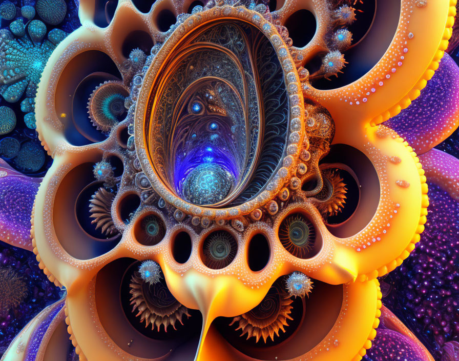 Intricate Neon Fractal Image with Gear and Organic Patterns