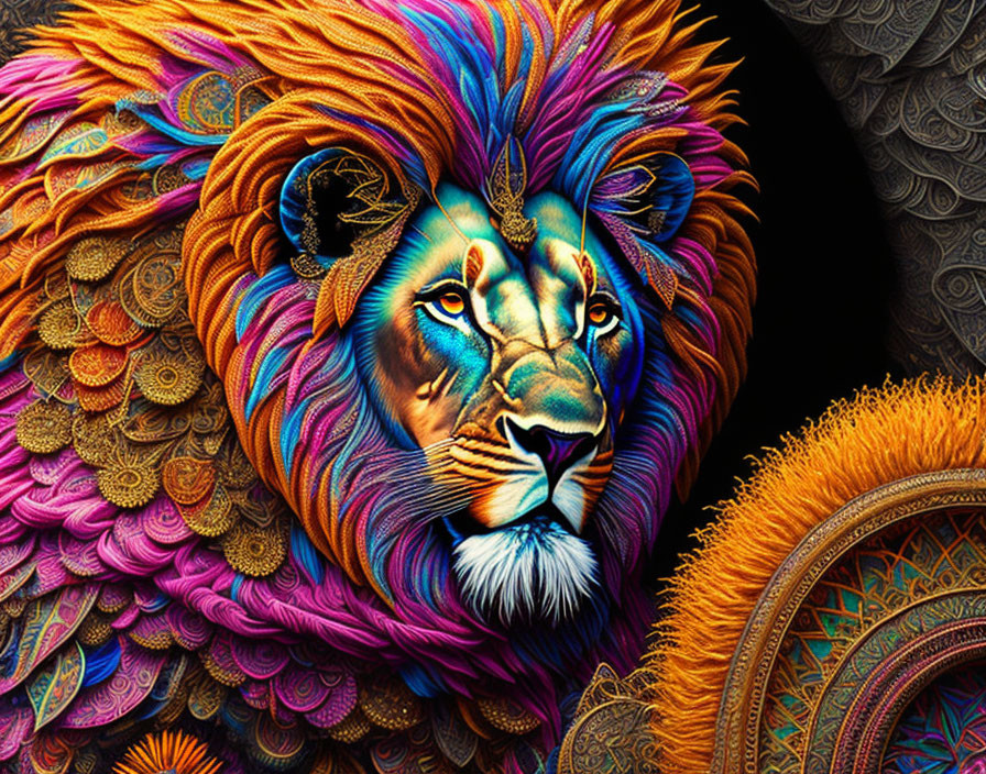 Colorful digital artwork of a lion with intricate multicolored mane