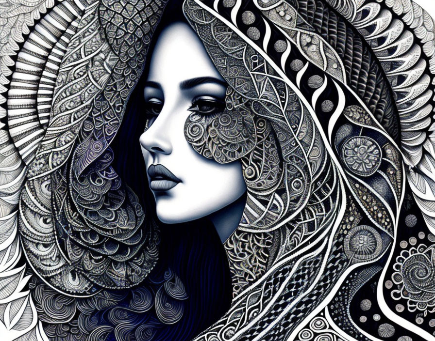 Monochromatic digital artwork: Woman's face with mandala patterns