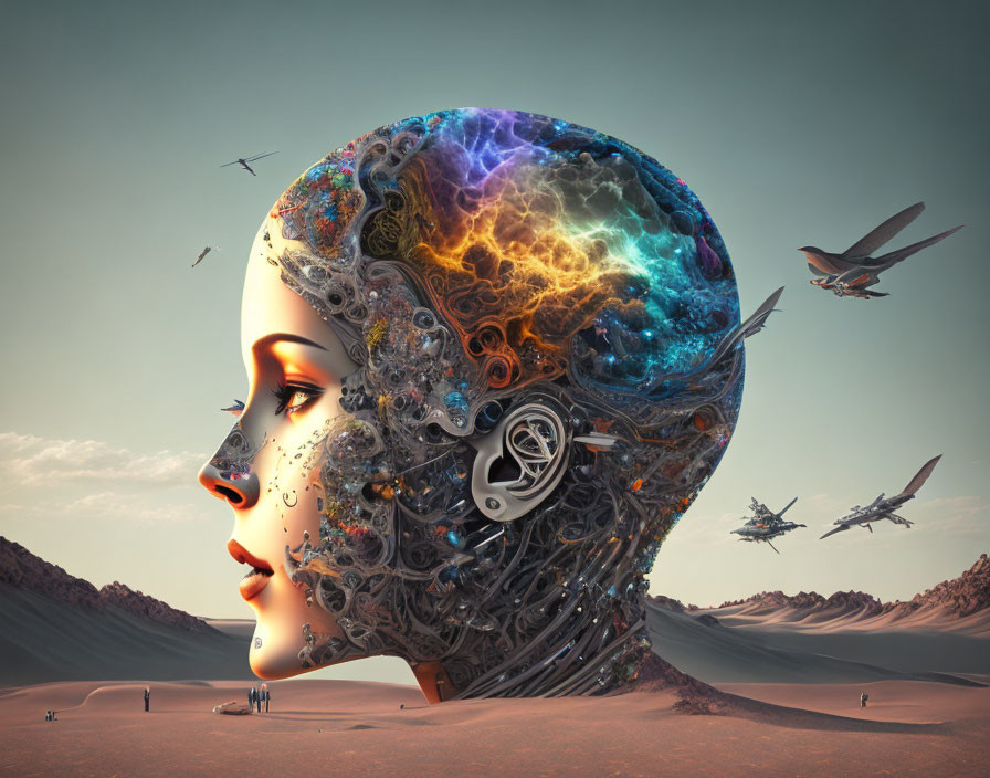 Surreal robotic human head with cosmic pattern in desert landscape