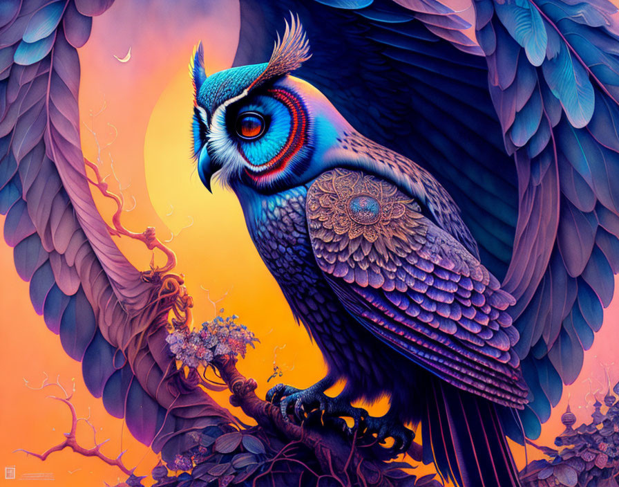 Colorful Owl Illustration on Branch with Detailed Feathers in Blue and Orange