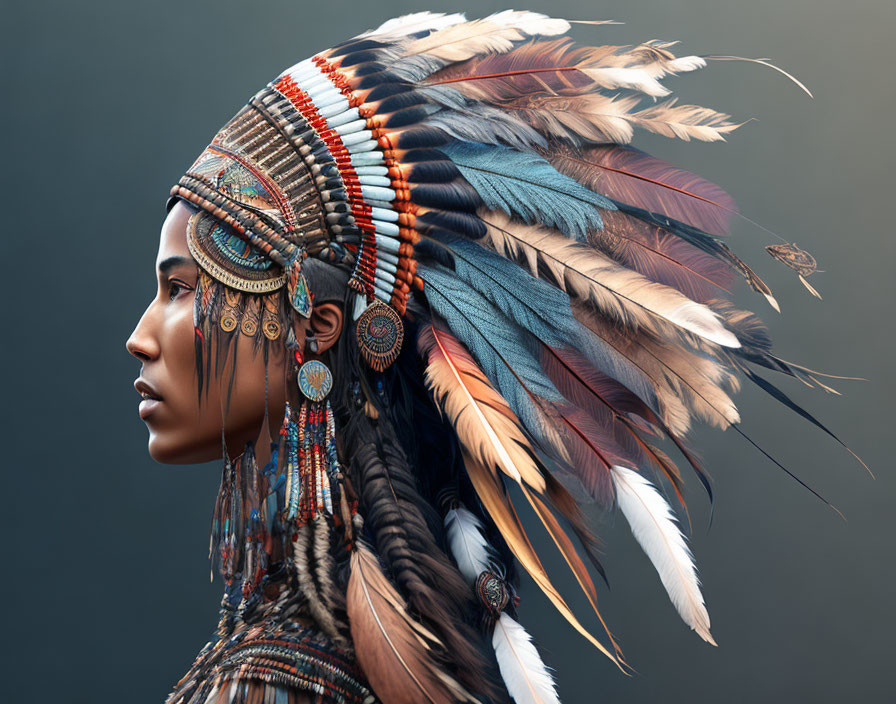 Portrait of Woman with Feathered Headdress and Tribal Jewelry