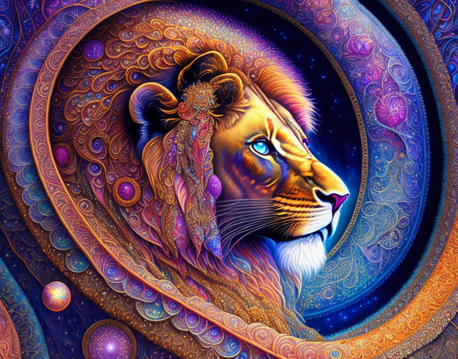 Colorful Psychedelic Lion Illustration with Cosmic Patterns