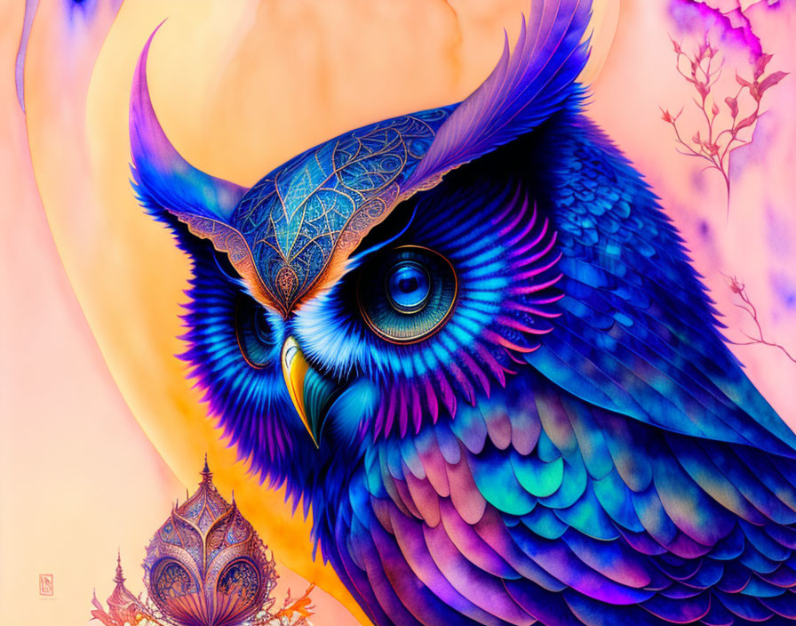 Vibrant owl illustration with blue feathers on pastel background