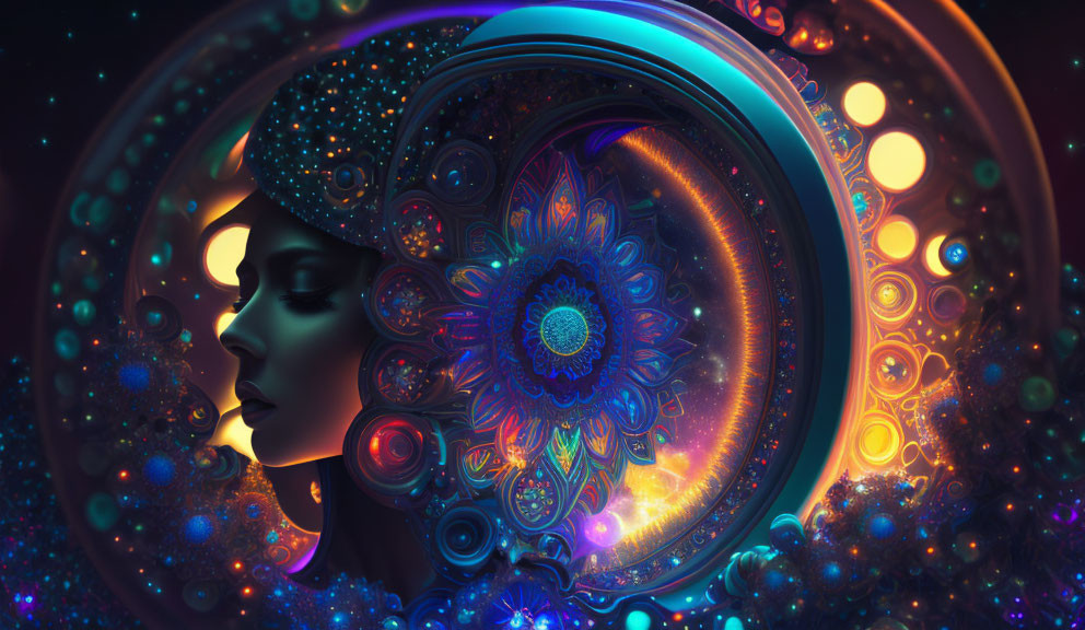 Colorful digital artwork of a woman with ornate headpiece and cosmic fractal designs