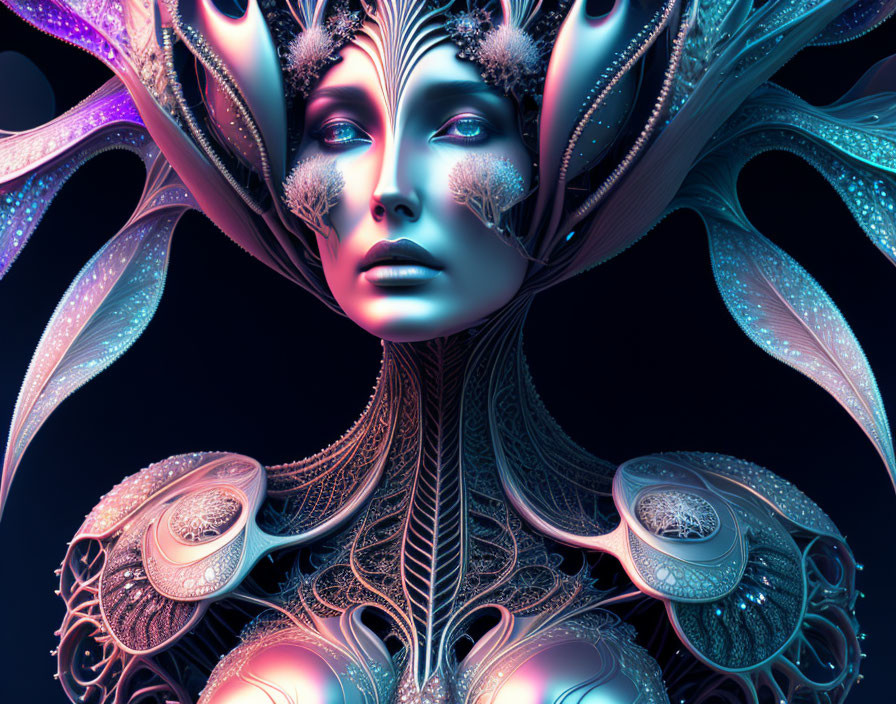 Surreal digital artwork of woman with embellished features in blue and purple