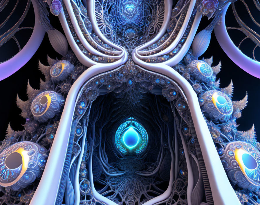 Intricate Blue Fractal Image with Glowing Orb-Like Structures