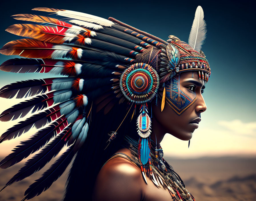 Profile of person in elaborate Native American headdress with feathers, beads, and face paint in desert.