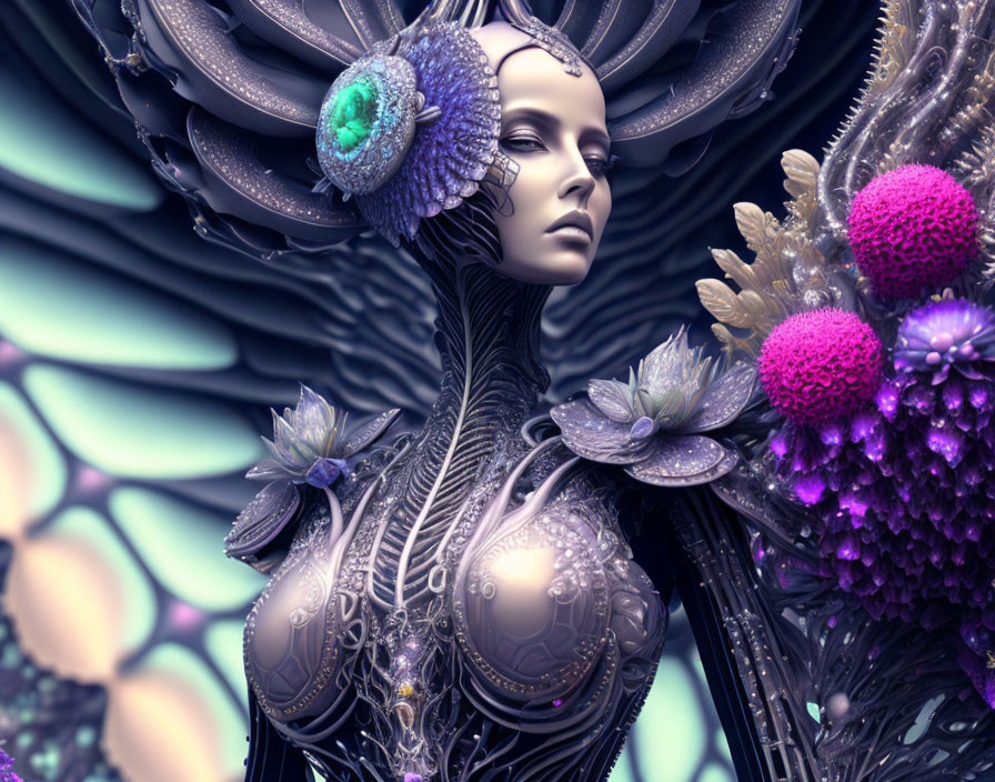 Digital artwork featuring female figure in intricate metallic armor with floral motifs in vibrant purple hues