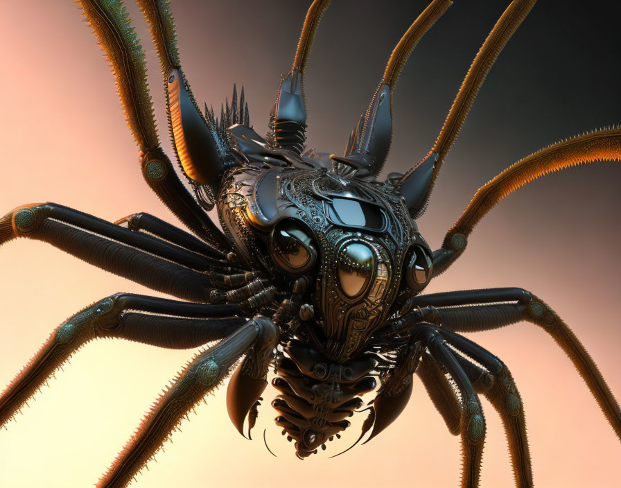 Mechanical Spider Artwork on Orange Gradient Background