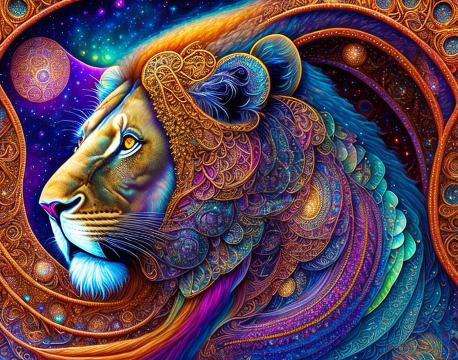 Colorful Psychedelic Lion Artwork with Cosmic and Terrestrial Motifs