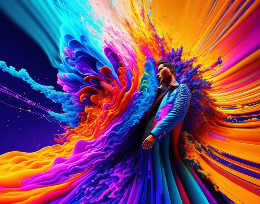 Person in Blue Jacket Merging with Psychedelic Liquid Swirls