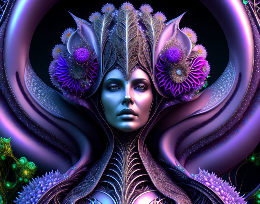 Colorful digital artwork: Female figure with floral and fractal designs