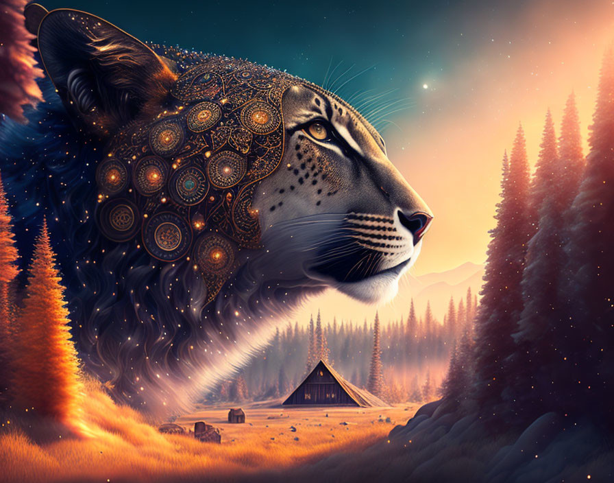 Leopard with ornate pattern in surreal landscape