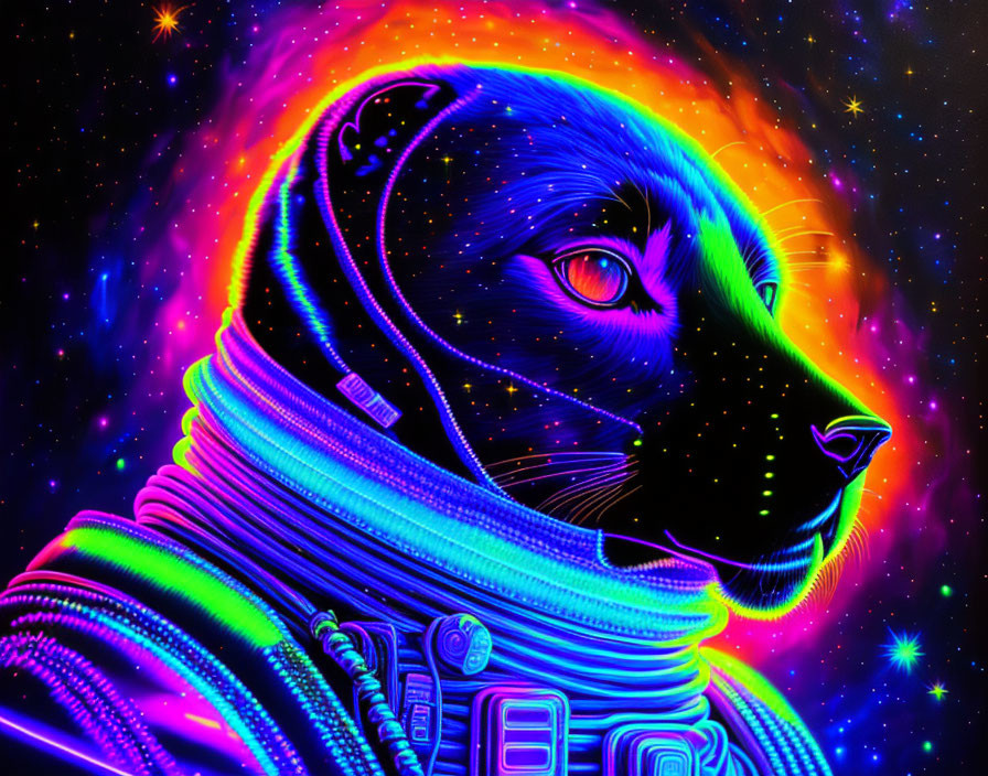 Colorful Dog in Astronaut Suit on Starry Space Background