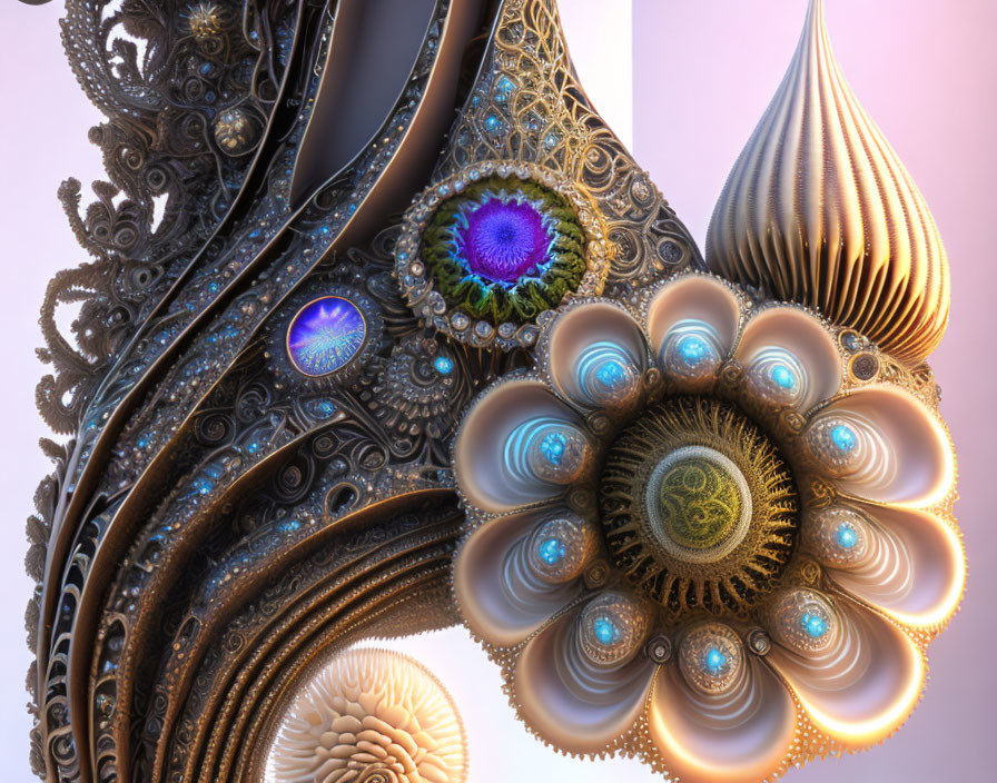 Intricate Metallic Fractal Image with Jewel-like Centers