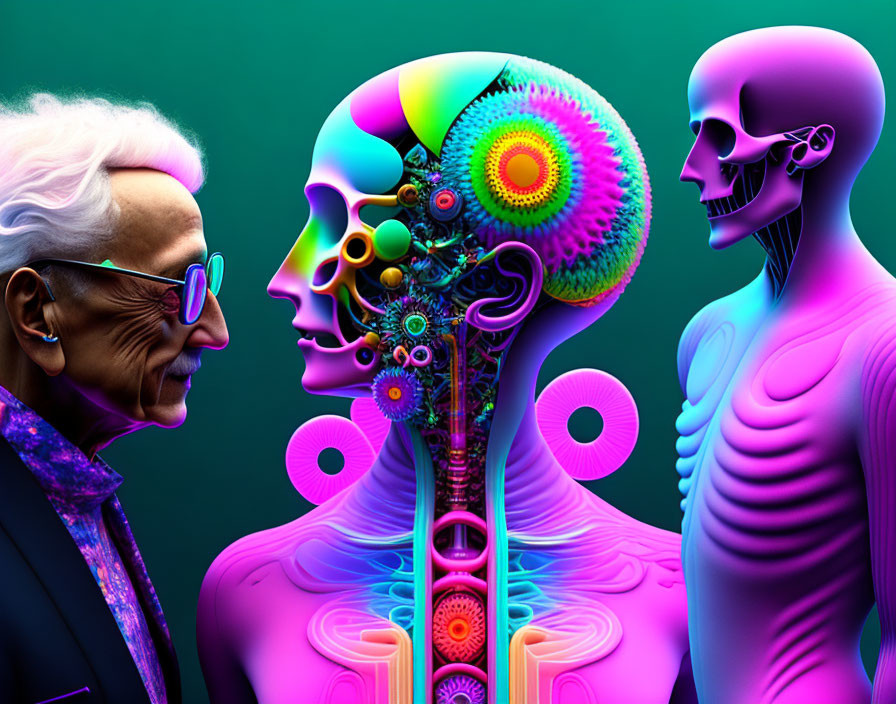 Elderly person with glasses observing colorful mechanical and skeletal figures