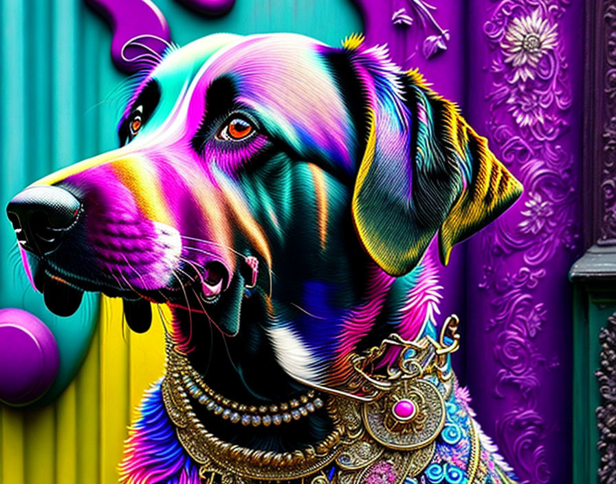 Colorful Digital Artwork Featuring Psychedelic Dog and Intricate Patterns