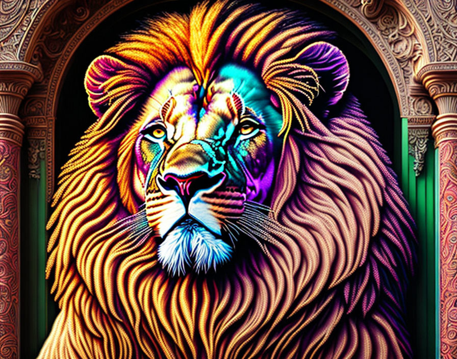 Colorful Lion Illustration Against Ornate Background