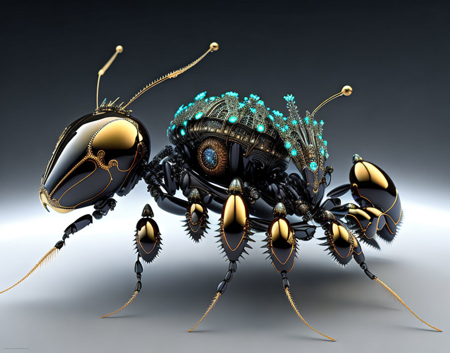 Futuristic bio-robotic mechanical beetle with black and golden body parts and intricate blue light details