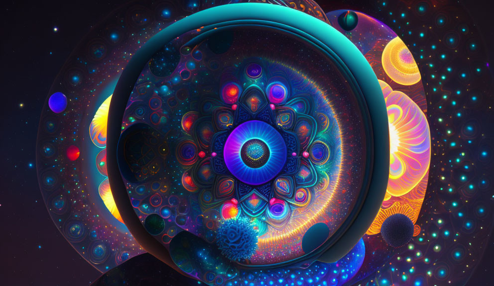 Colorful Fractal Image with Central Eye Design and Cosmic Orbs