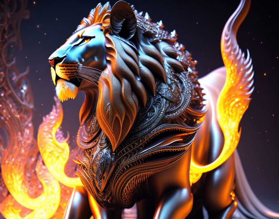 Stylized lion digital artwork with metallic mane and glowing orange accents