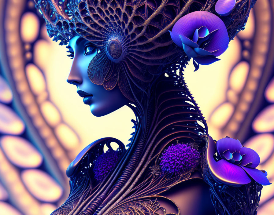 Intricate digital artwork of woman with ornate headdress & mechanical elements