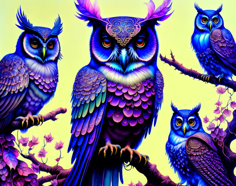 Colorful Stylized Owls Perched on Branches with Feather Patterns