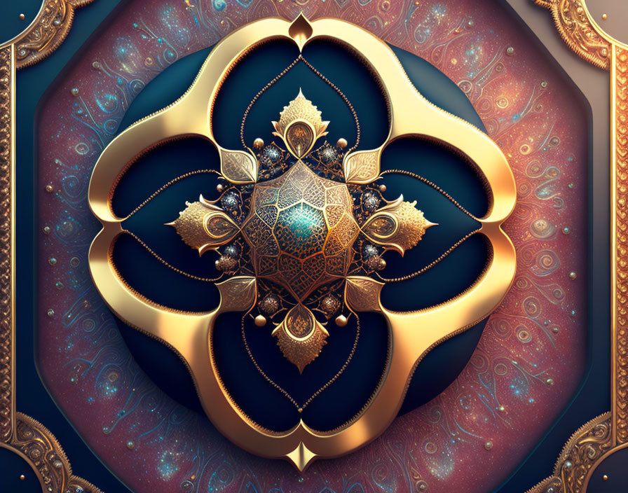 Symmetrical Floral and Geometric Digital Art in Gold, Blue, and Brown